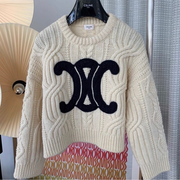 Celine Shoes - Celine Cream Cable Knit Sweater with Black Logo